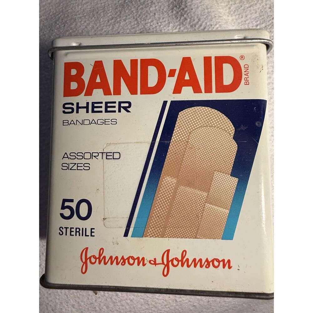Vintage Johnson & Johnson Band-Aid  Bandages Advertising Tin 1989 White Red Blue